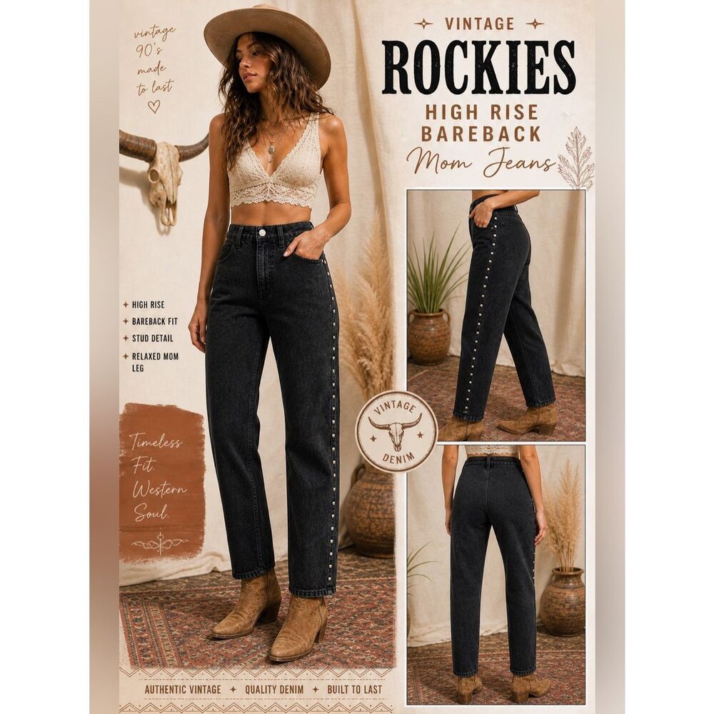 Vintage Rockies Rivet Embellished High Rise Mom Jeans